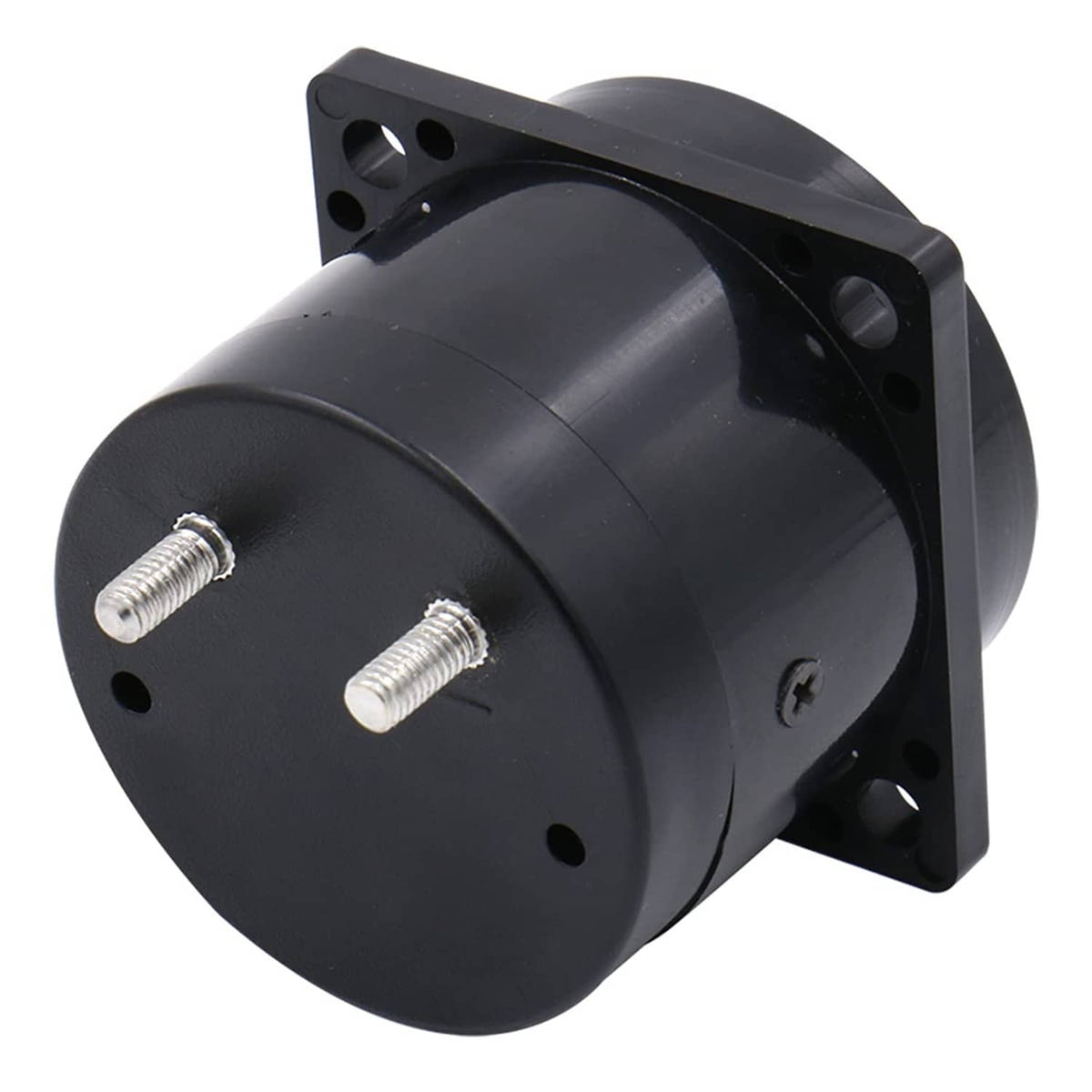 Black round voltmeter gauge side view with two threaded mounting studs