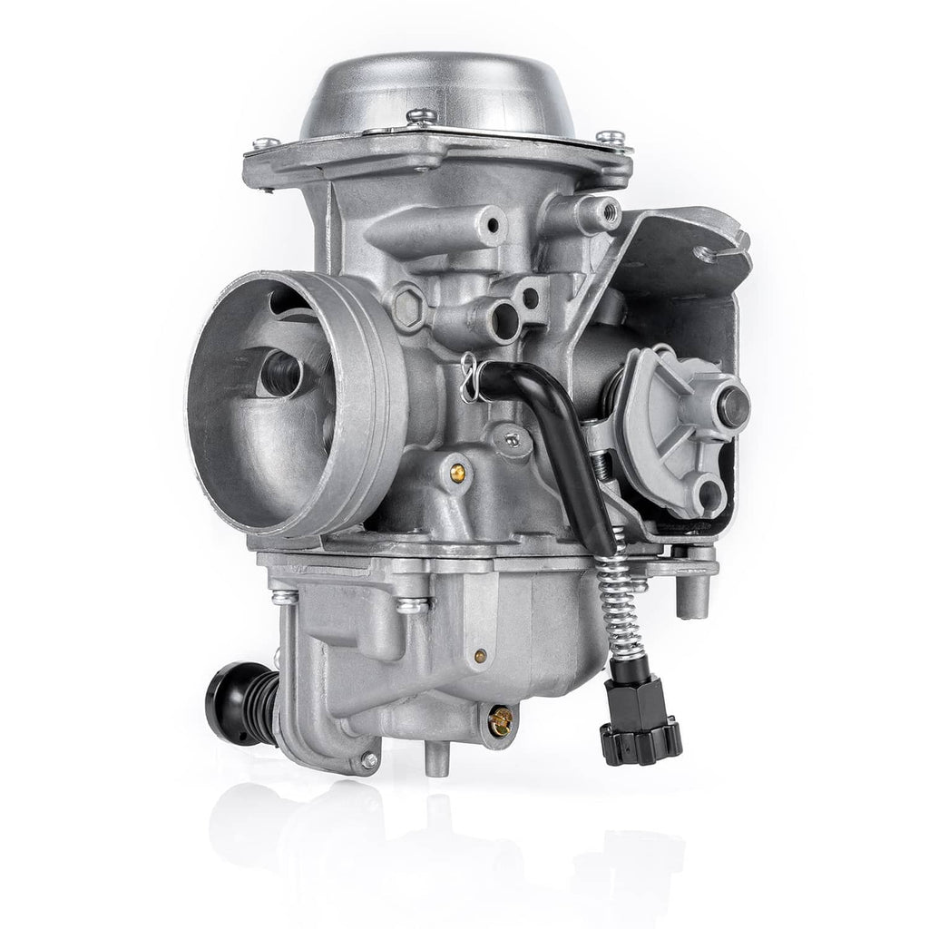 32mm ATV carburetor three-quarter view with throttle linkage and metal casting