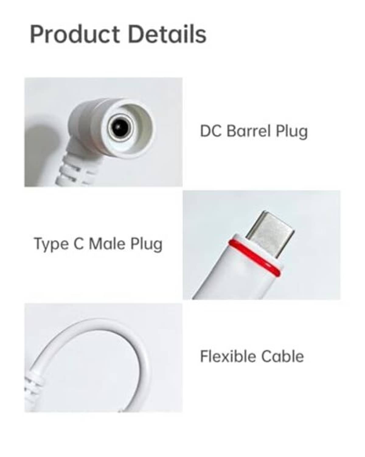Adapter product details: DC barrel plug, Type C male plug, flexible cable