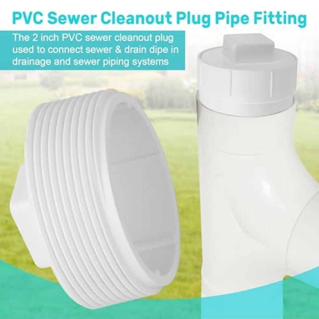White PVC sewer cleanout plug pipe fitting with square top, front and angled views