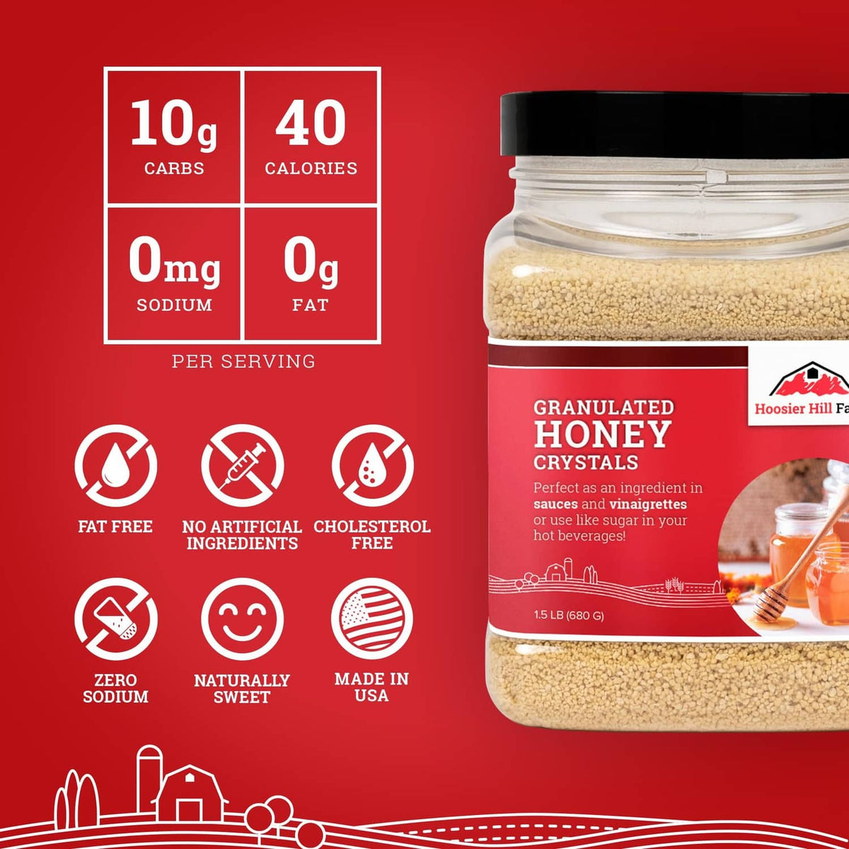 Granulated honey crystals jar with nutrition facts and zero sodium icon