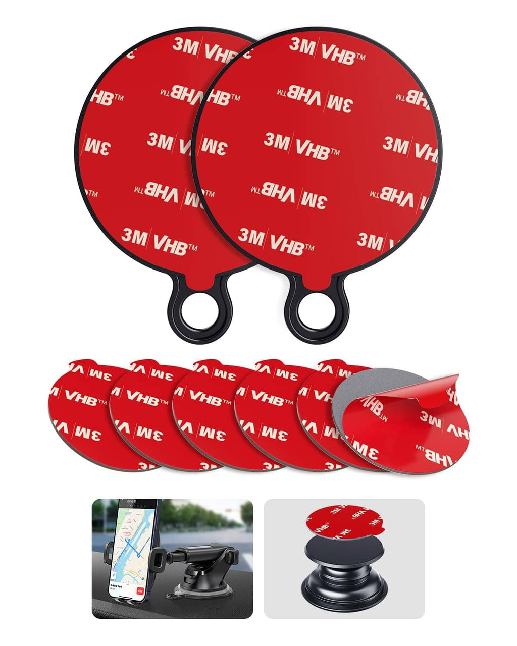 Pair of black round adhesive pads with red 3M VHB backing and loop tabs