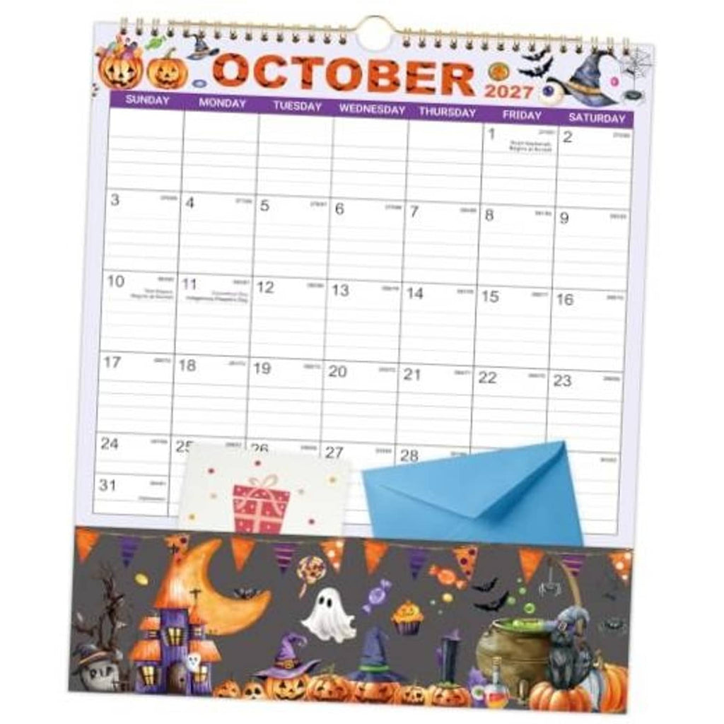 2027 wall calendar with pocket, October 2027 grid and blue envelope