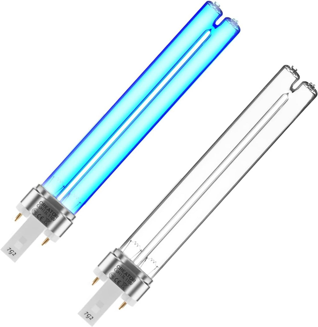 UV germicidal light bulbs (2 pack), blue glow, clear glass, G23 two-pin bases