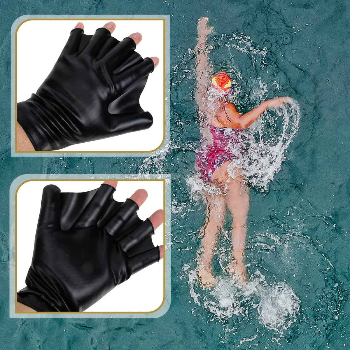 Black aquatic resistance gloves shown in close-up panels