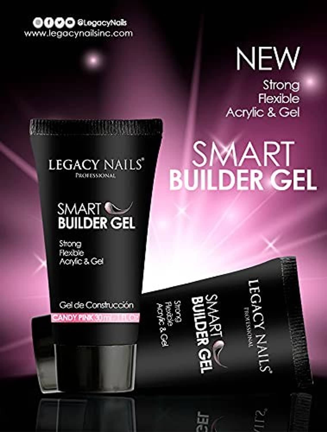 Legacy Nails smart builder gel promo showing black tubes with candy pink highlights