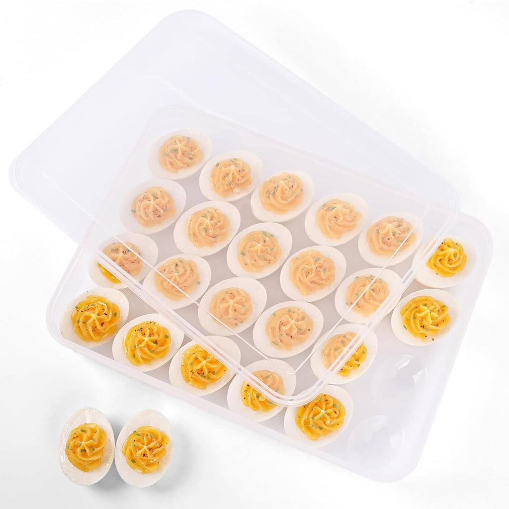Clear plastic deviled egg tray carrier with lid, holding deviled eggs in compartments