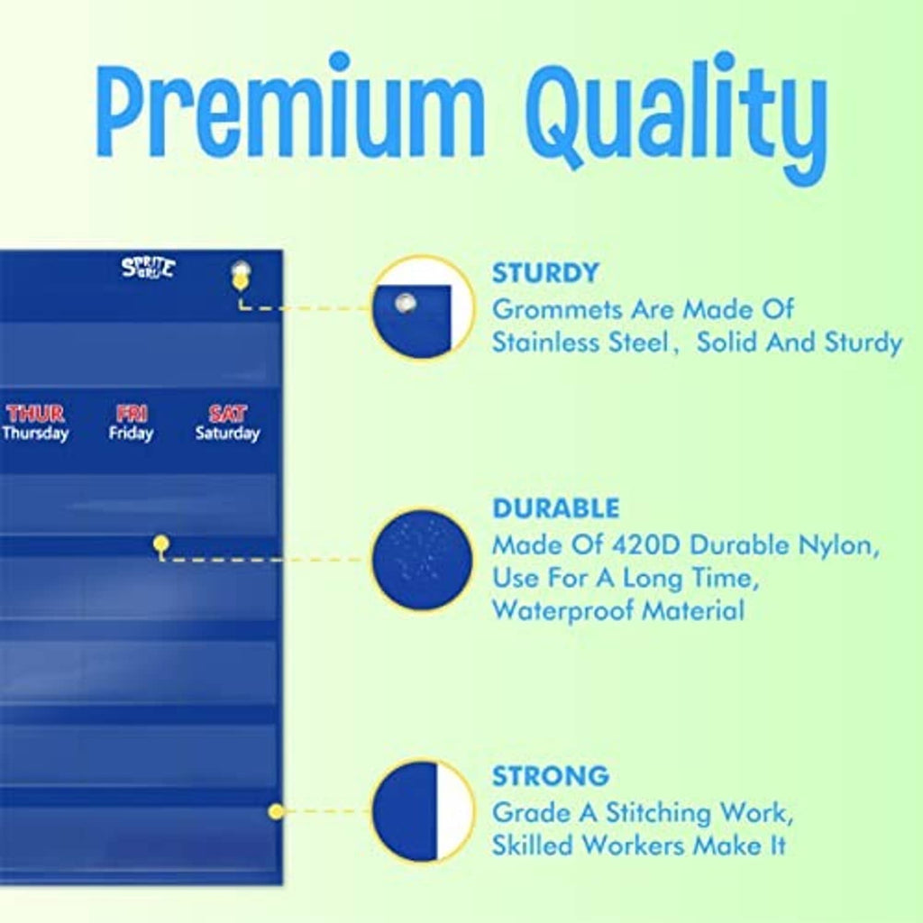 Blue pocket calendar chart with metal grommets and durable nylon fabric