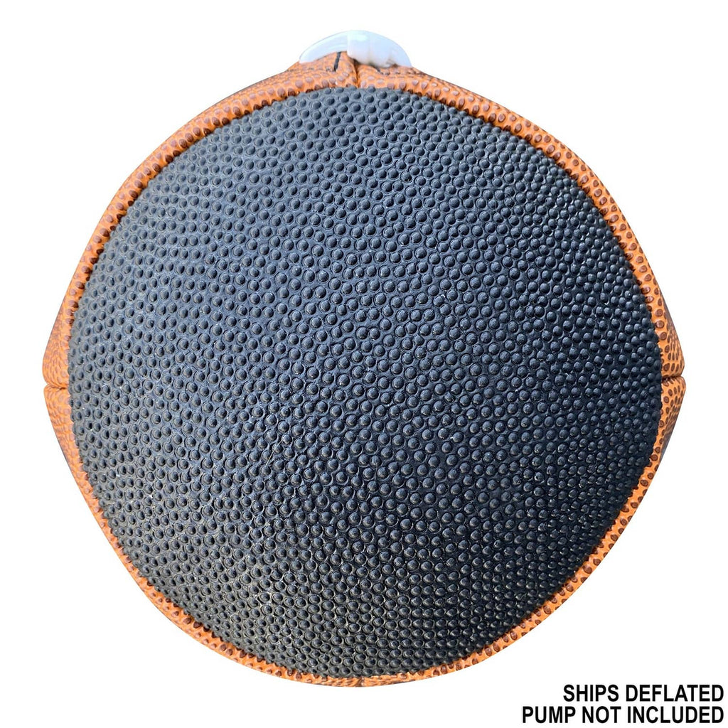 Rear view of orange and black textured youth composite football, white stitched trim