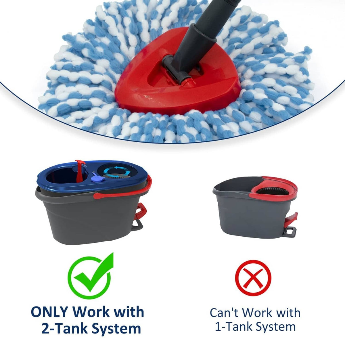 Red plastic spin mop base with black connector on blue microfiber mop pad