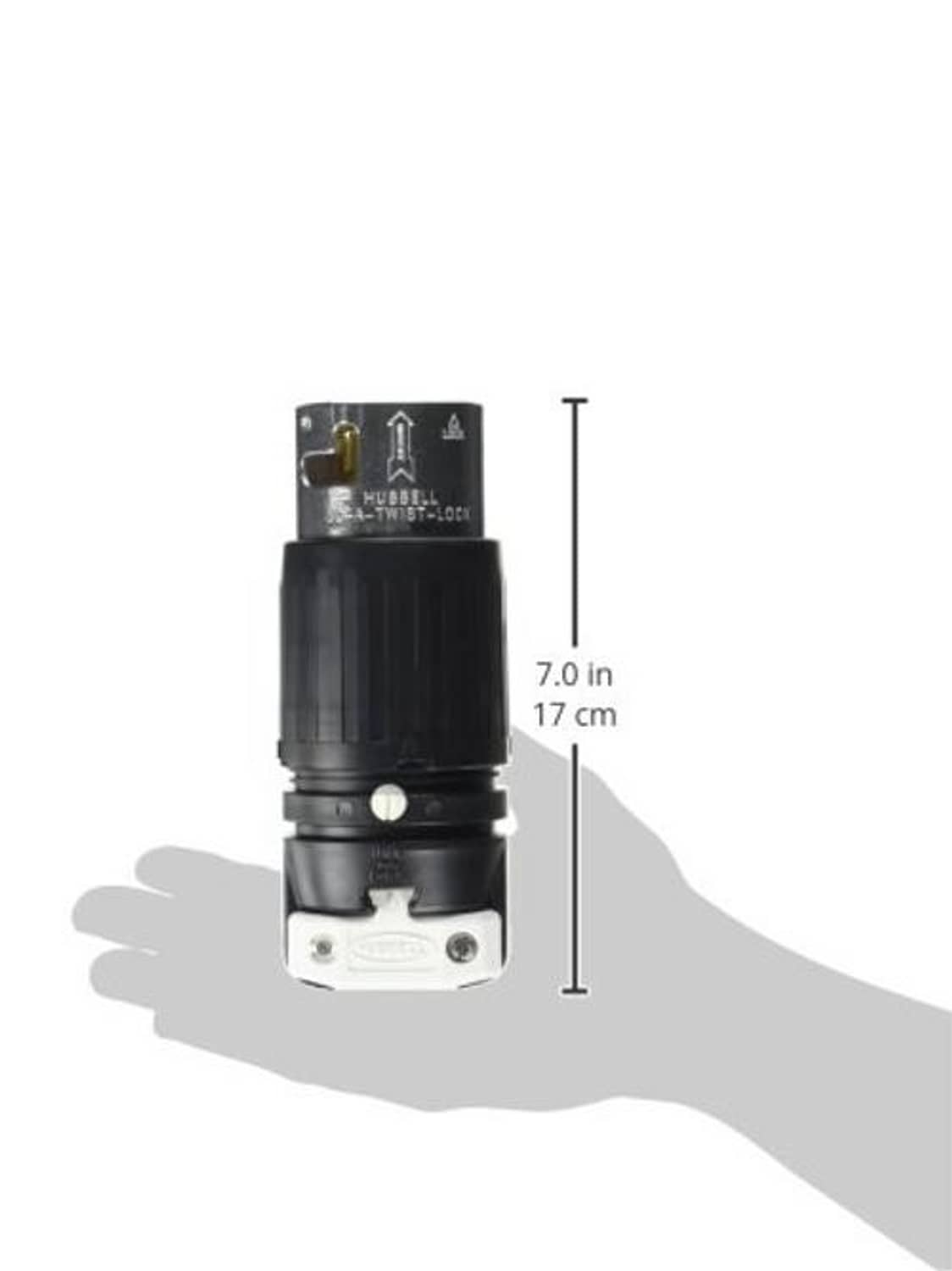 Black locking plug with twist-lock collar, brass prong; 7.0 in height
