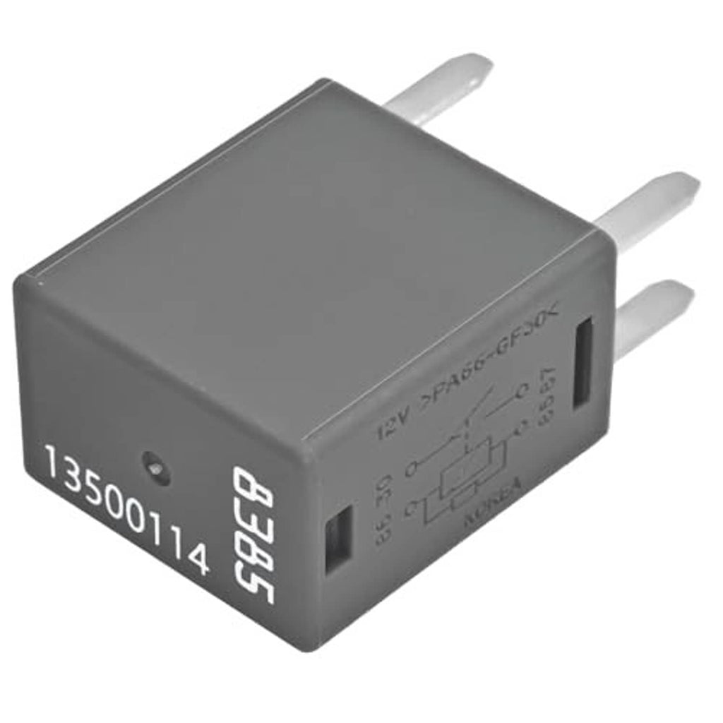 4-pin fuse relay with 13500114 marking, dark gray body and side slot with blade pins