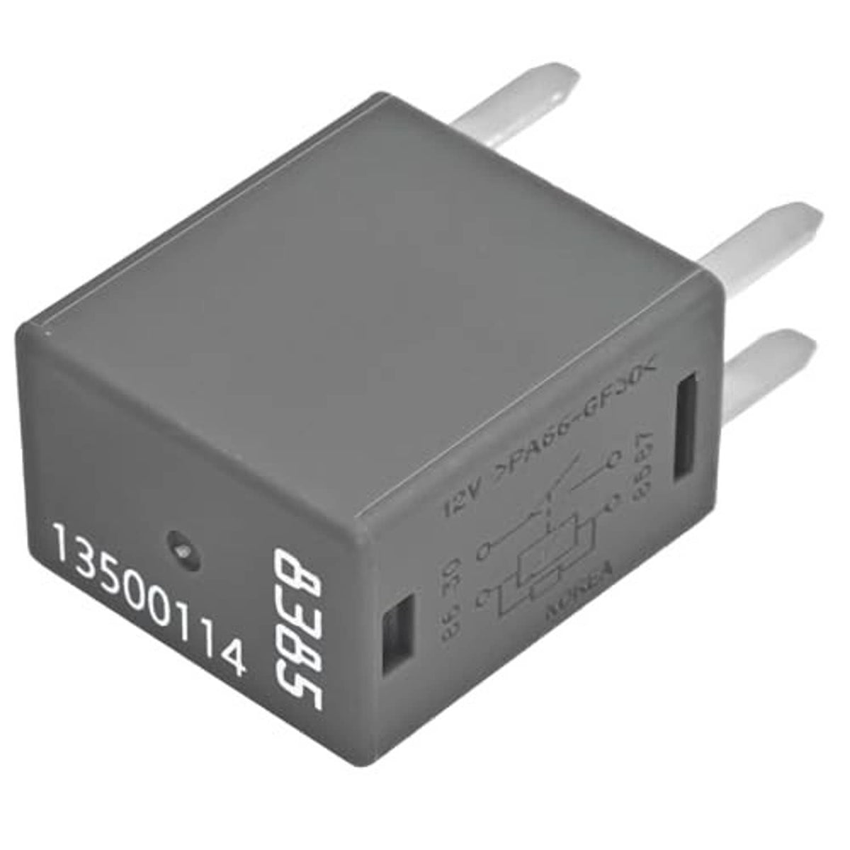 4-pin fuse relay with 13500114 marking, dark gray body and side slot with blade pins