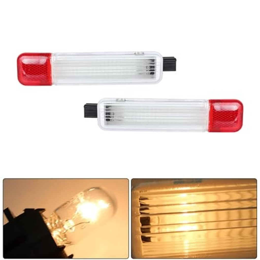 Two clear door reflector light panels with red ends; bulbs installed and glowing