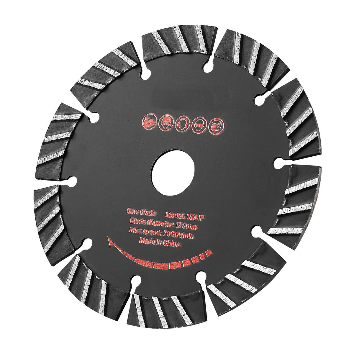Diamond concrete cutting blade with black body, red markings, and segmented rim teeth