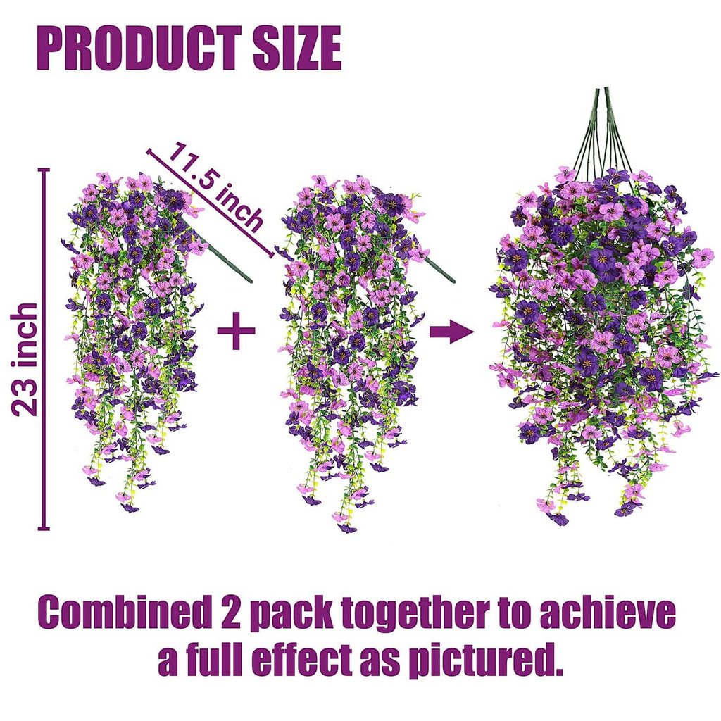 Artificial hanging flower size diagram showing two purple and magenta baskets