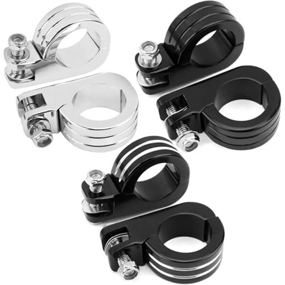 Foot peg clamp mounting kit showing black and chrome-style brackets with bolts