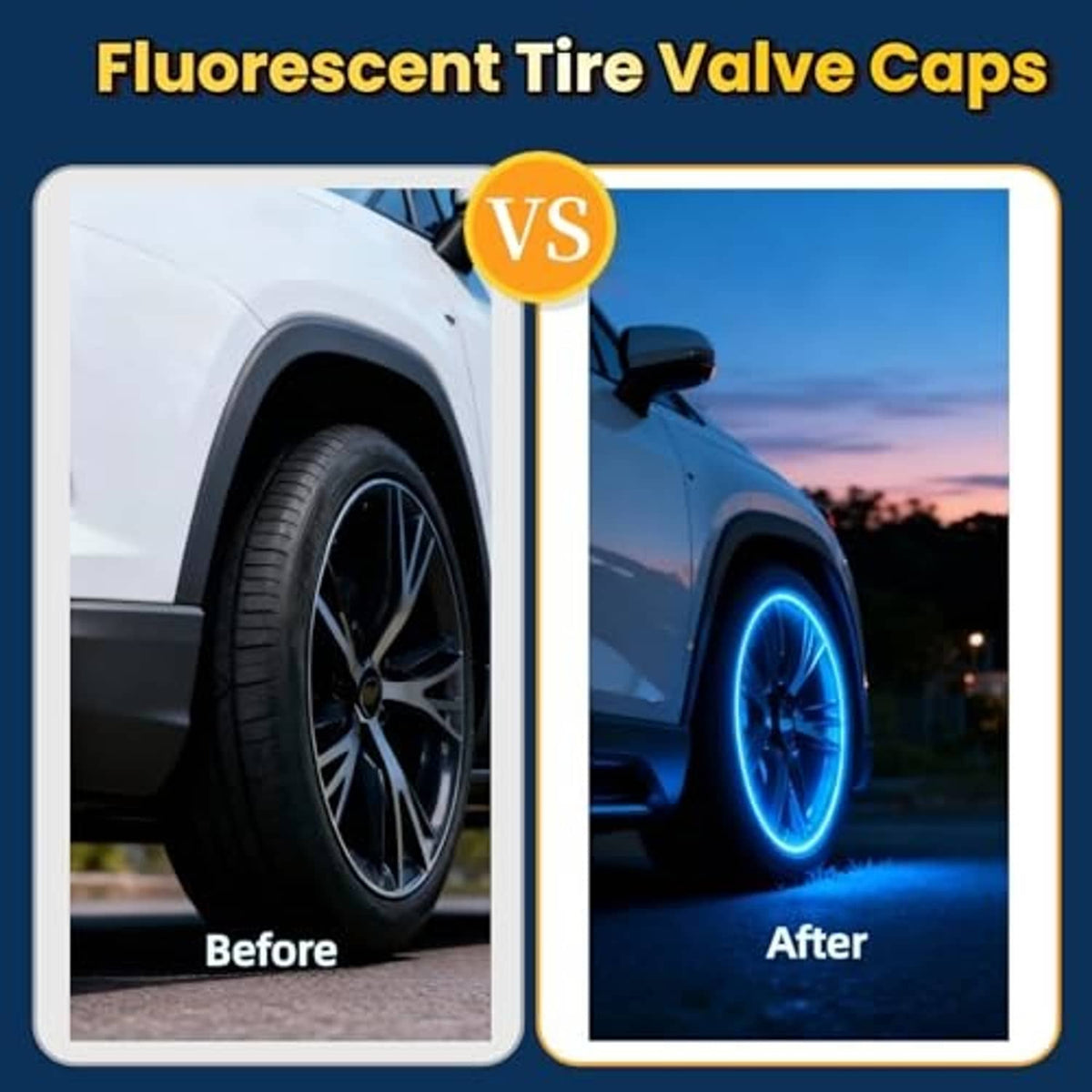 Fluorescent blue tire valve caps for vehicle wheels, bright glow effect