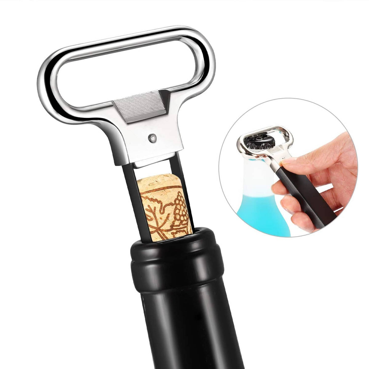 Two-prong wine corkscrew with black handle and chrome lever, hand gripping knob