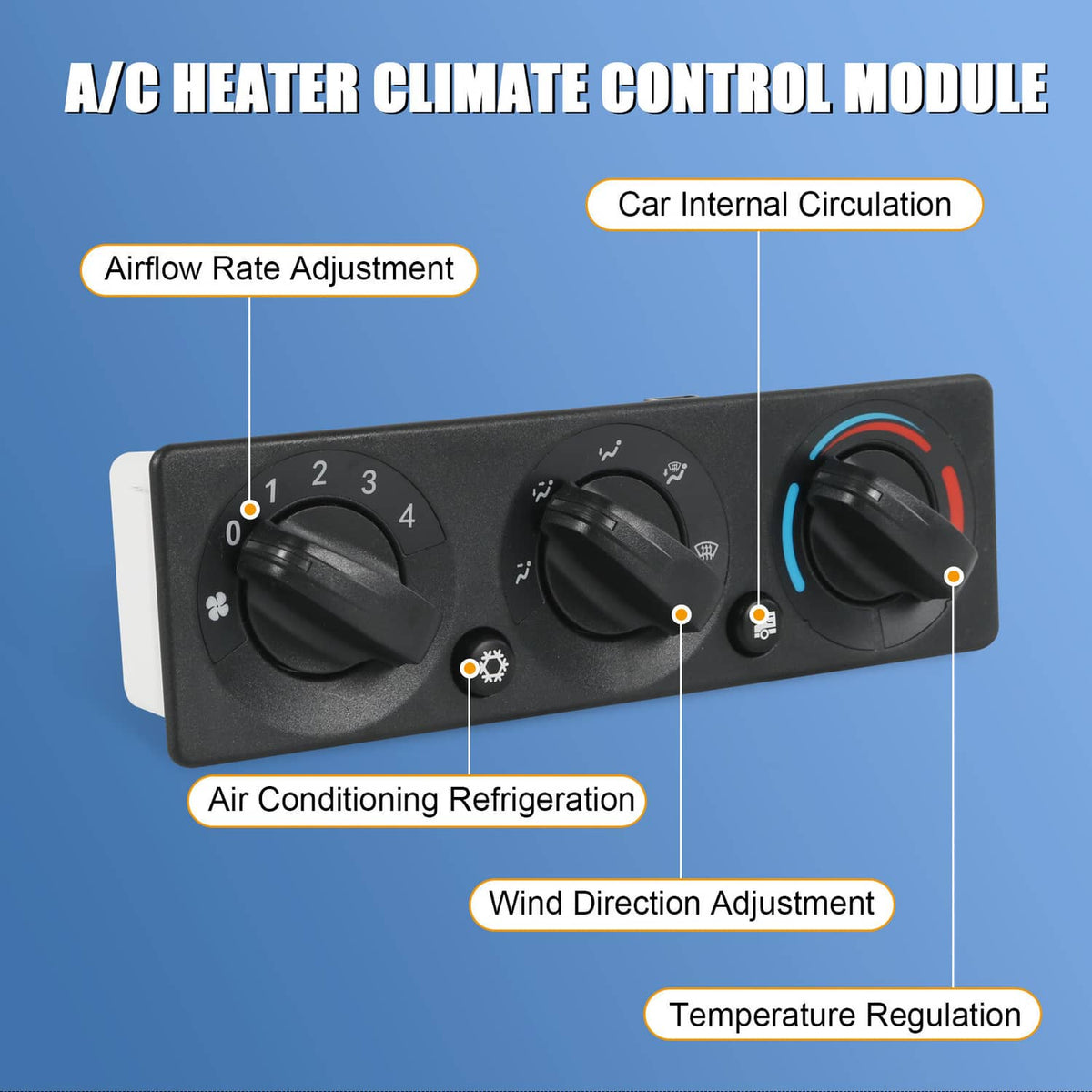 A/C heater climate control module panel with three rotary dials and temperature regulation dial