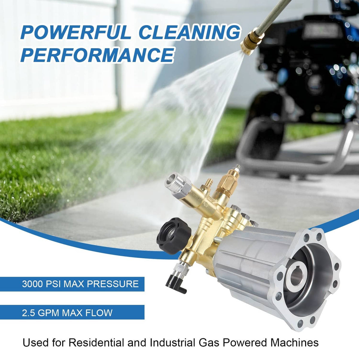 Pressure washer pump with water spray nozzle and gold valve fittings