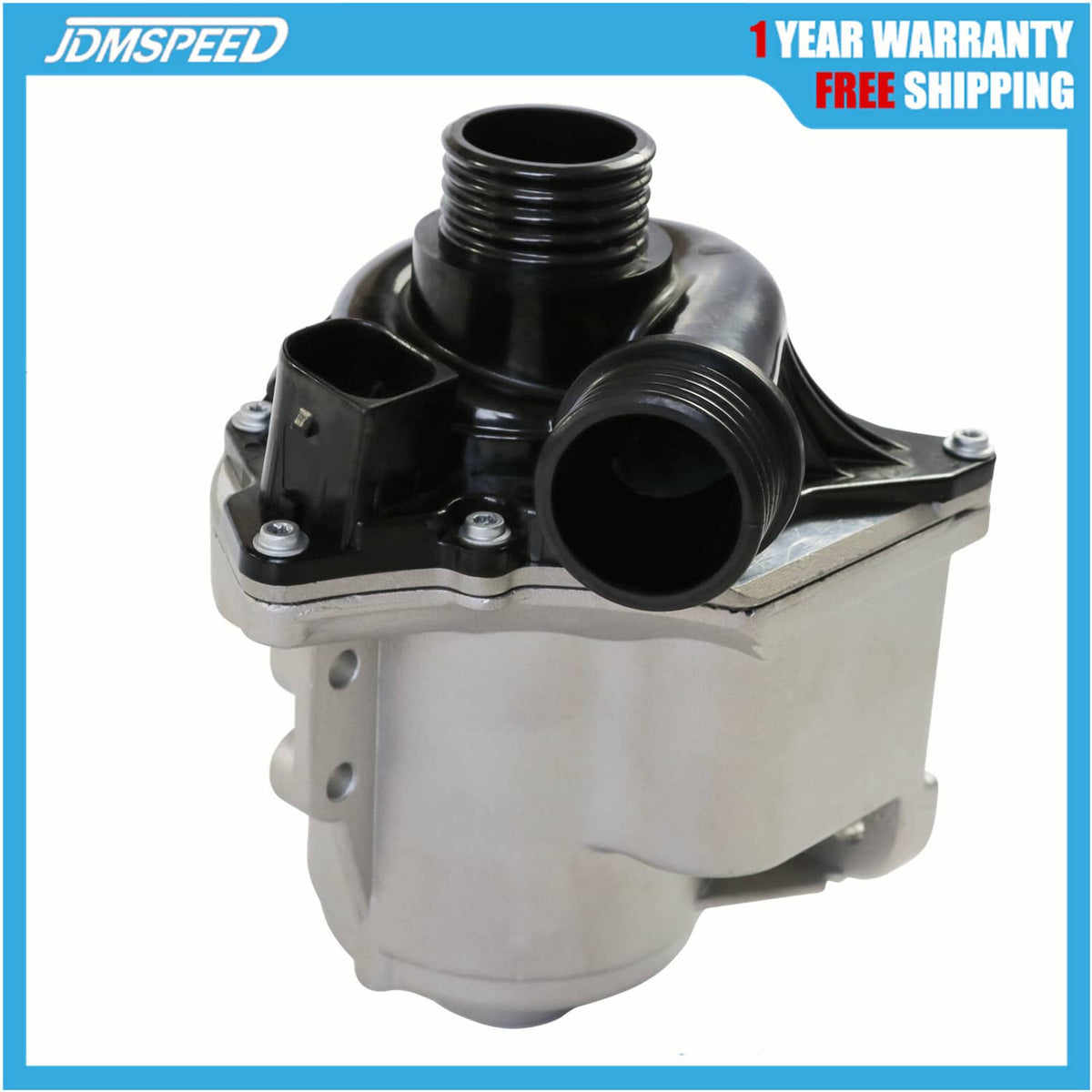 Electric water pump with metal housing and black rubber inlet ports