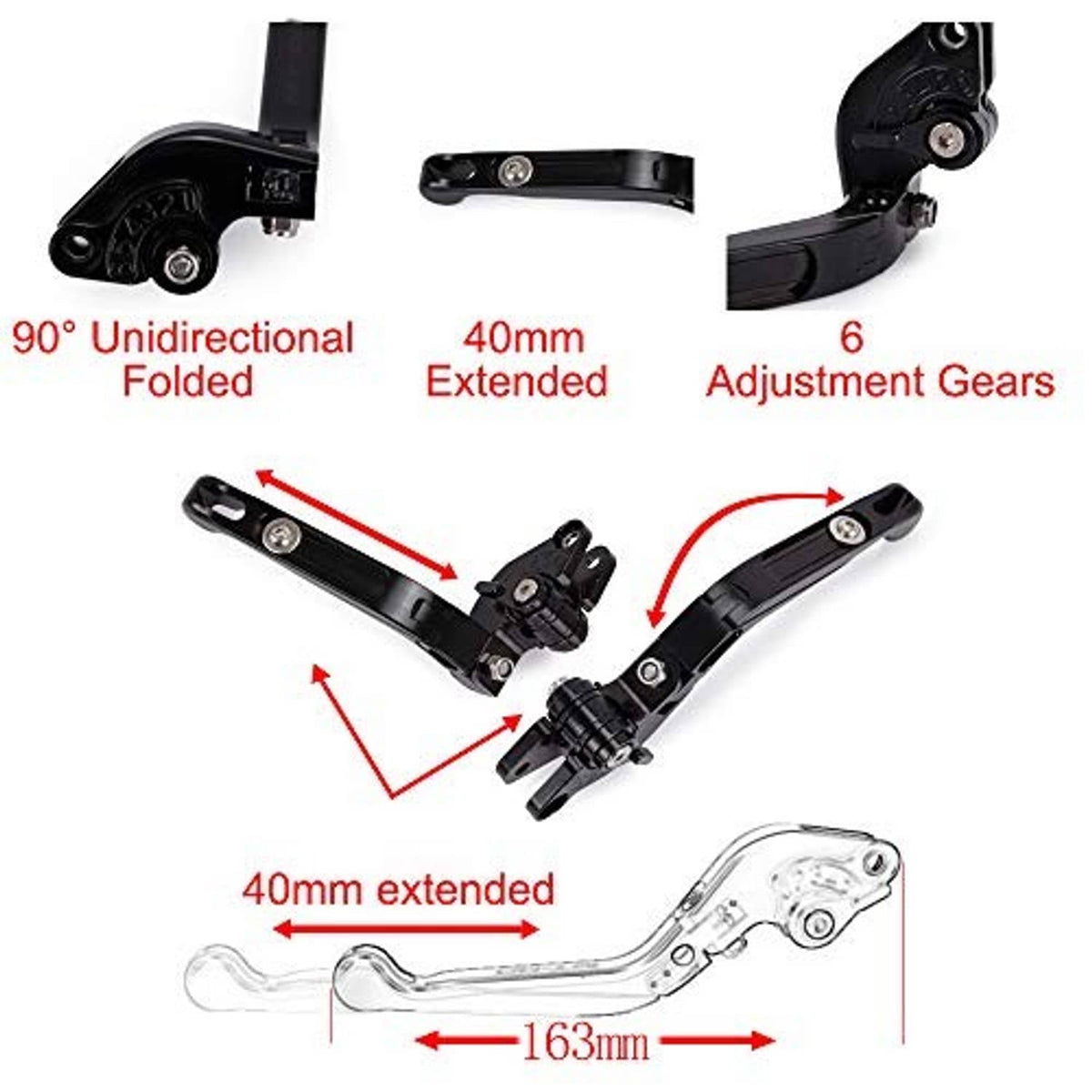 Folding brake and clutch levers with extended reach and adjustment gear diagrams
