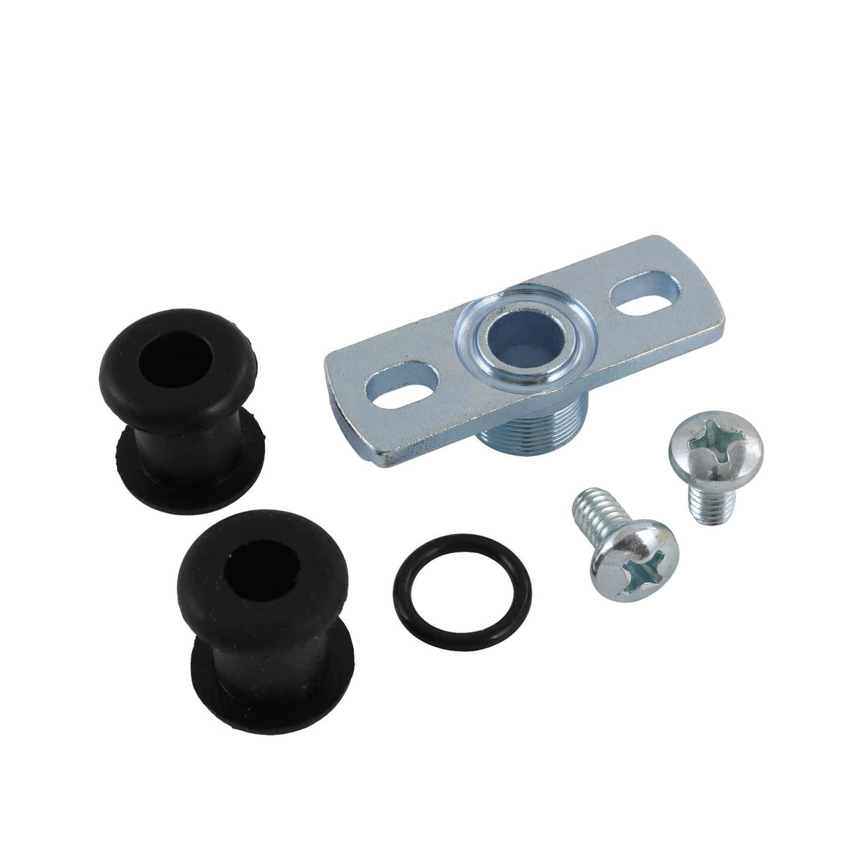 Fuel tank mounting hardware: metal bracket, black grommets, O-ring, screws