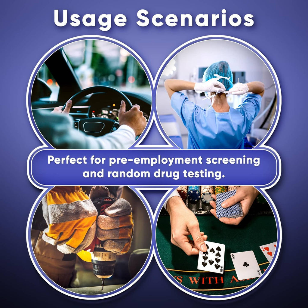 Multi-drug urine test kit usage graphic with circular icons for screening