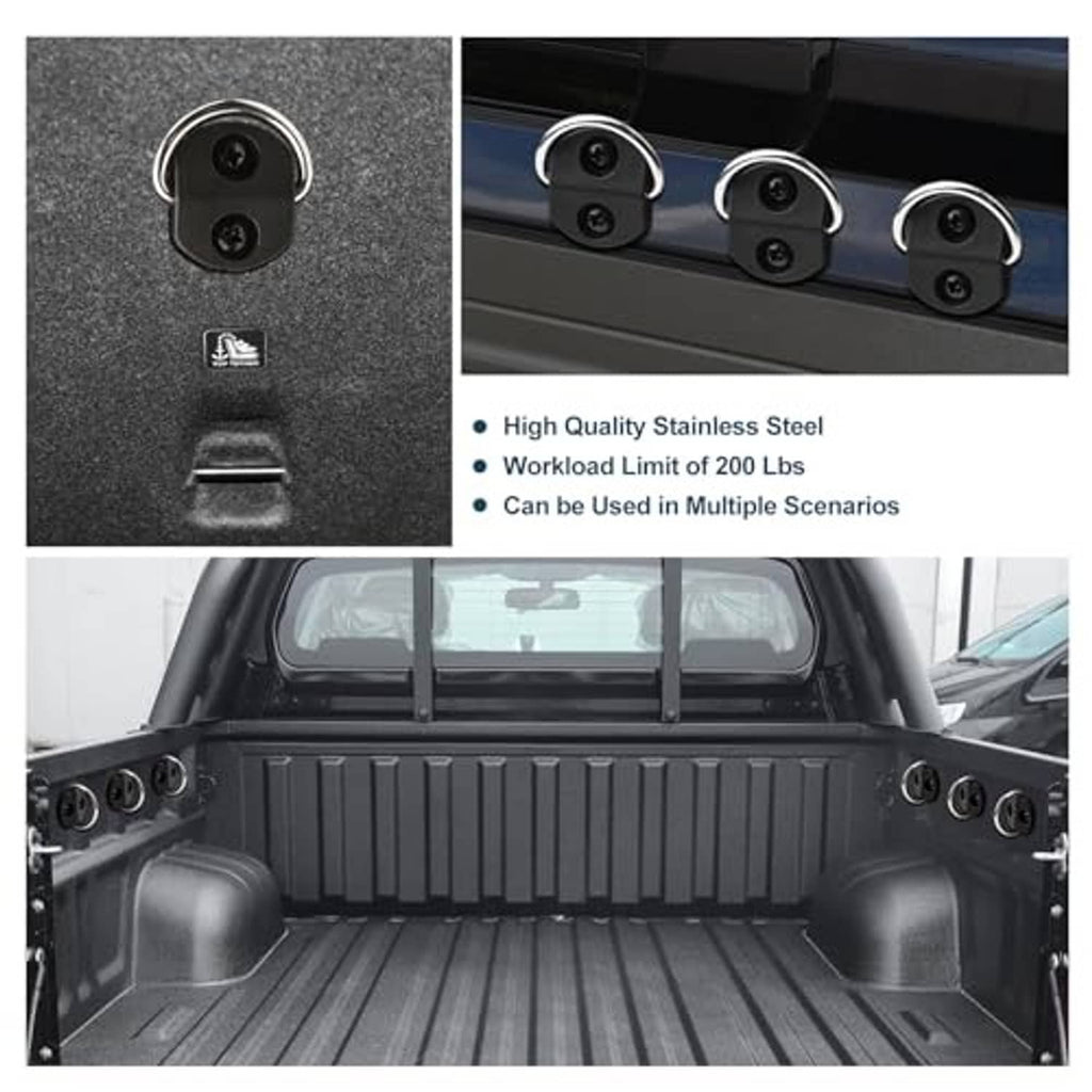 Black D-ring tie-downs mounted on vehicle bed rails with multiple anchor points