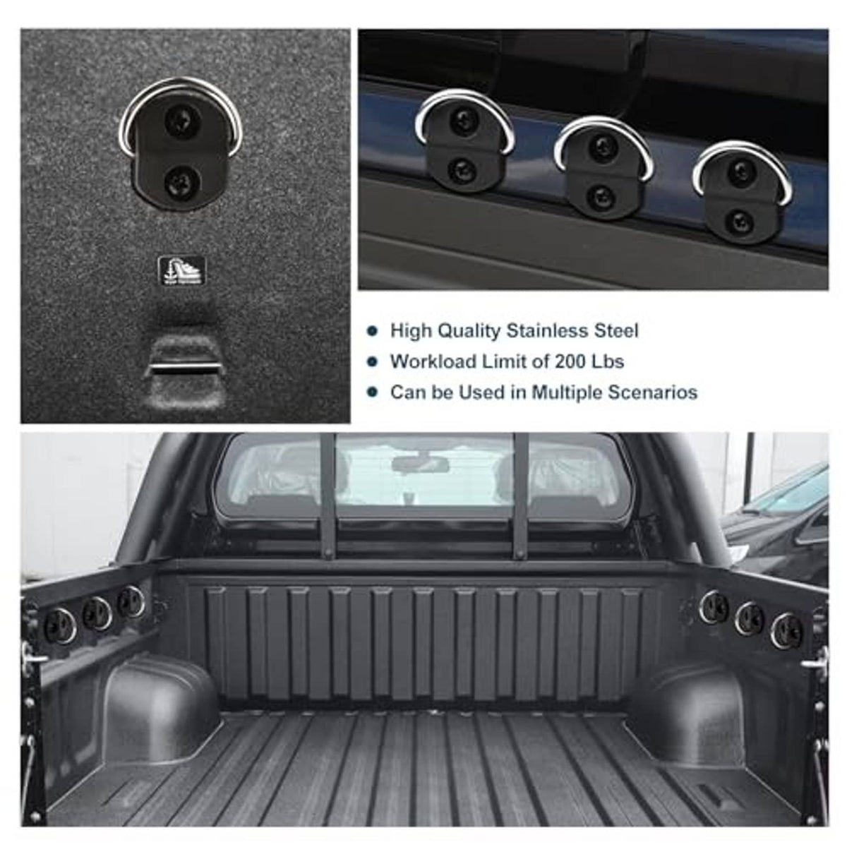 Black D-ring tie-downs mounted on vehicle bed rails with multiple anchor points