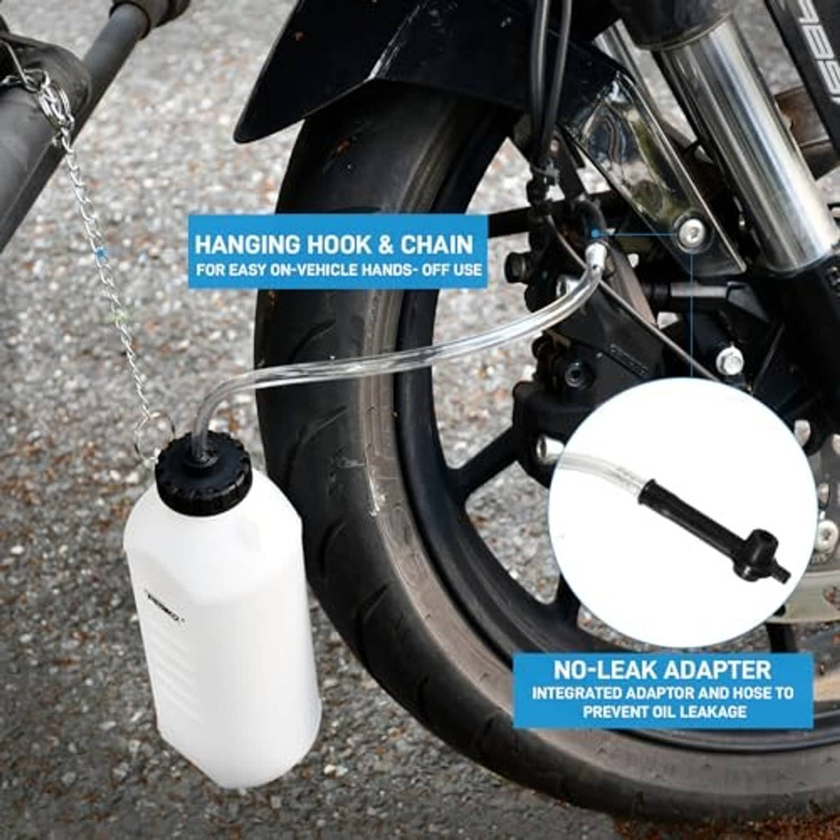 Brake bleeder bottle with hanging hook chain, clear tube, and no-leak adapter