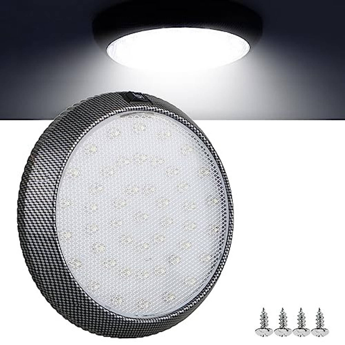 Round black LED dome light with clear lens and textured edge, glowing white
