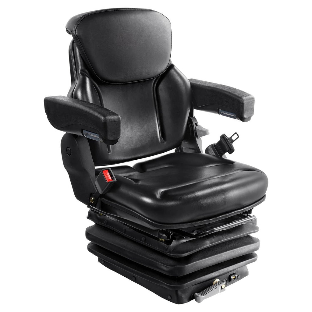 Black padded forklift seat with armrests, seatbelt, and cushioned base