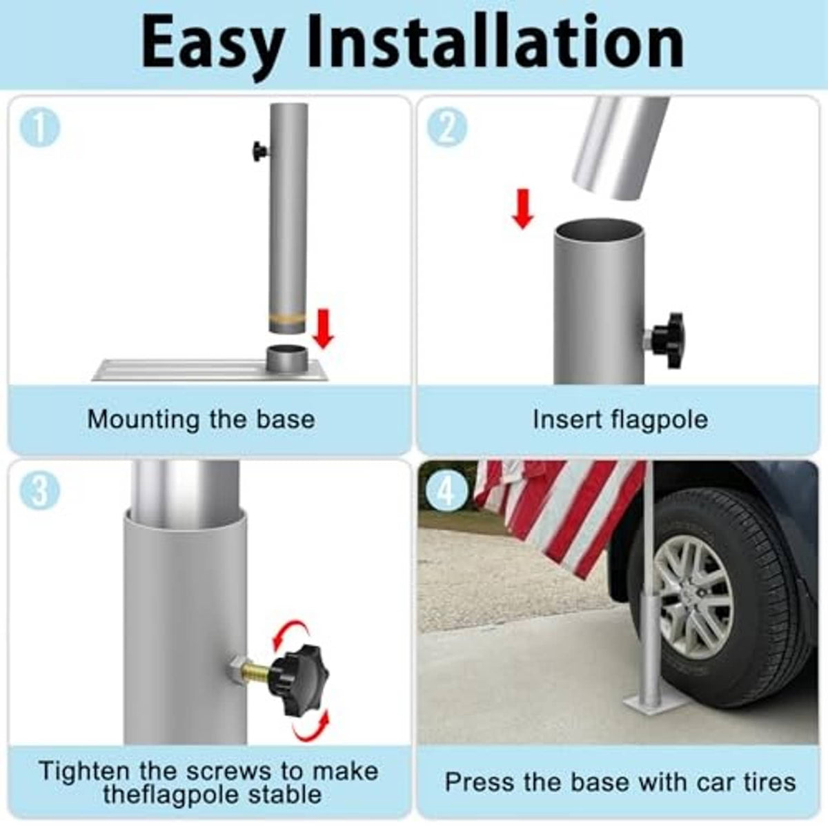 Portable flag pole tire-mount base with clamp, shown ready for car-tire mounting