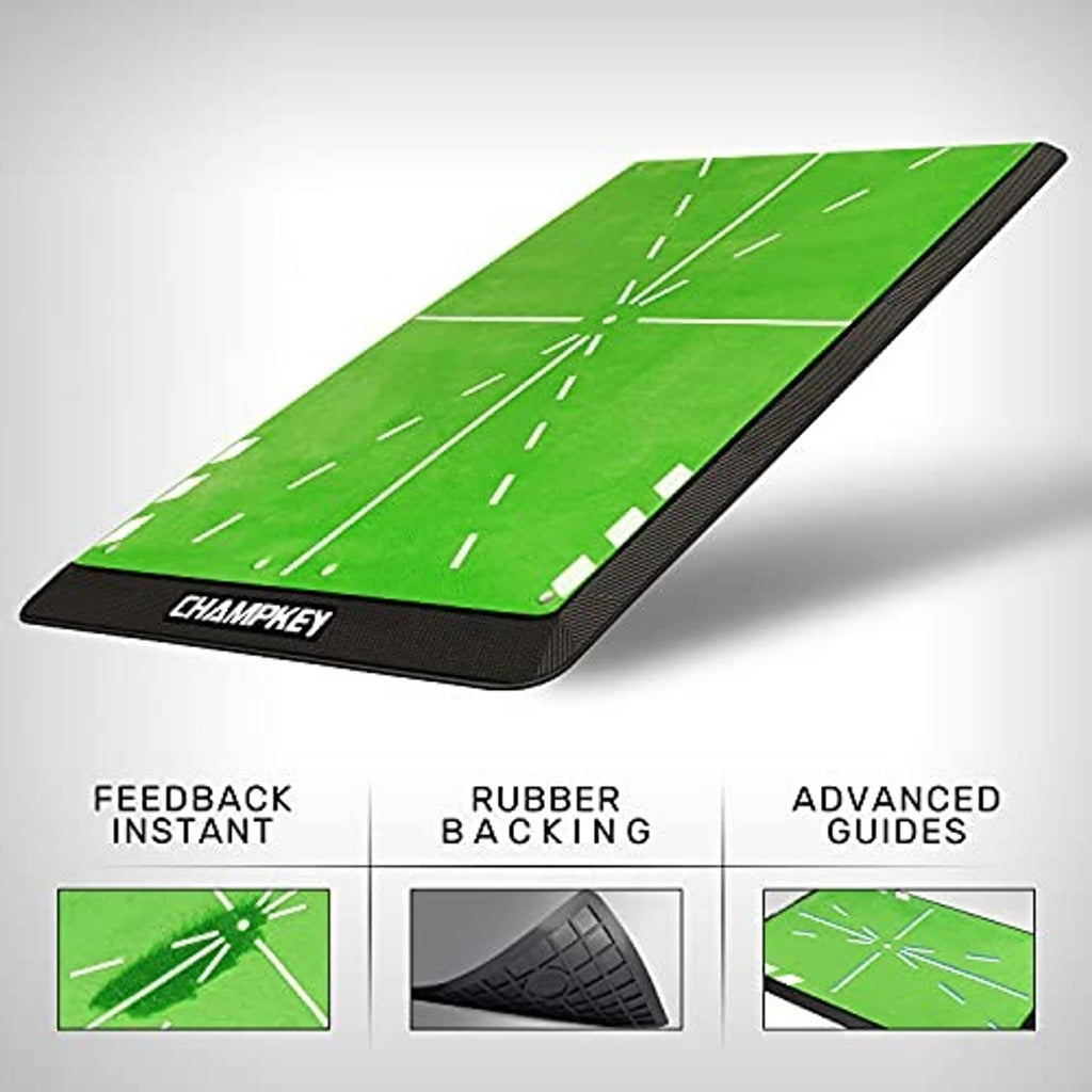 Green golf hitting mat with white swing-path lines and black textured base, angled view