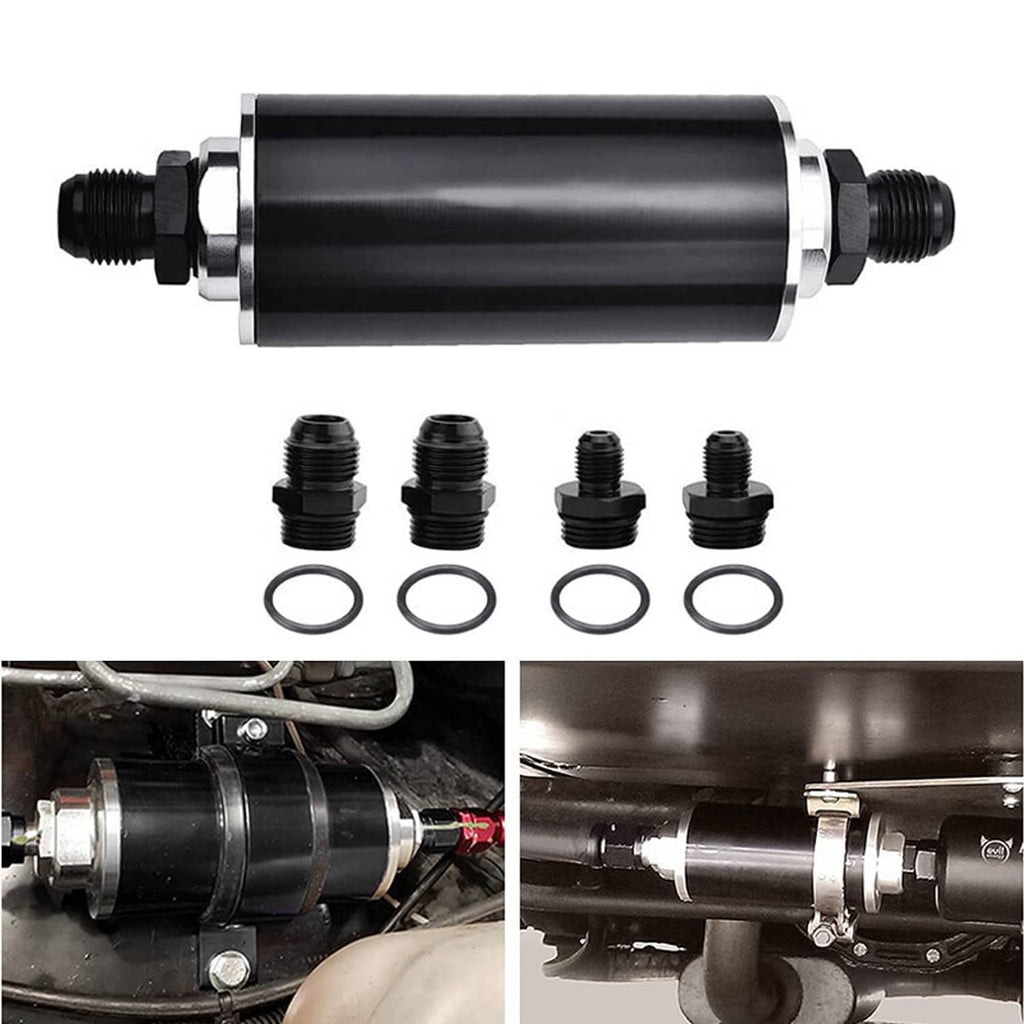 Inline fuel filter with black housing and silver end caps; AN threaded ports shown