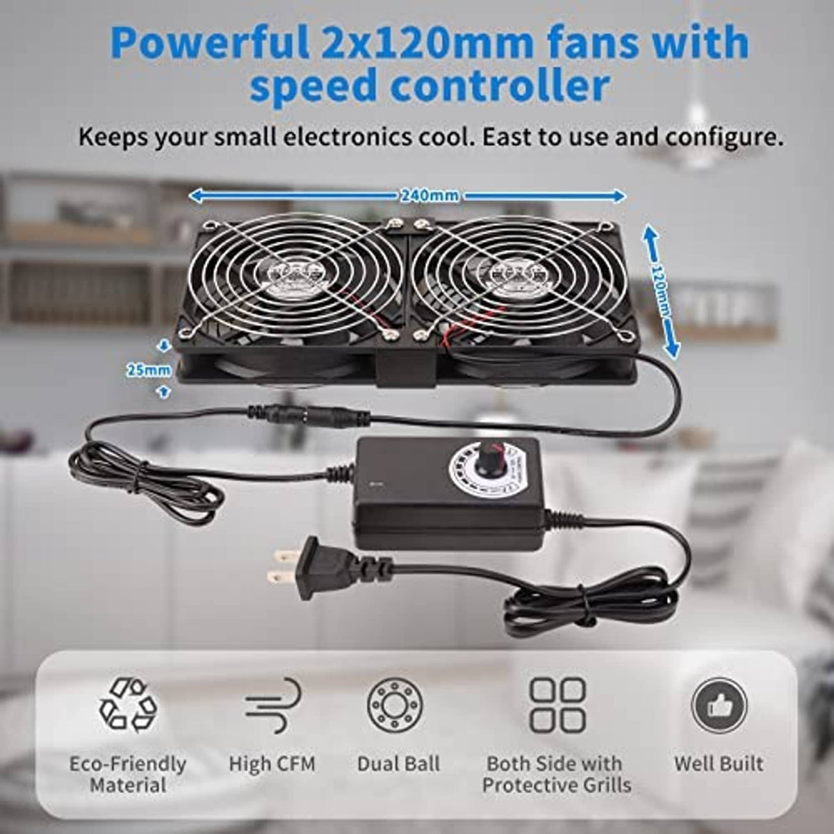 Dual 120mm PC fans with speed controller and protective grilles, with power cables