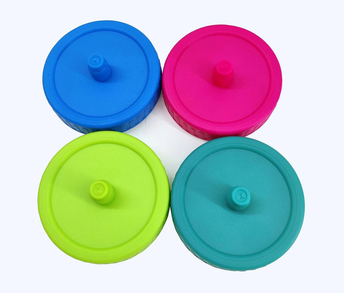 Set of four Mason jar airlock fermentation lids in blue, pink, lime green, and teal