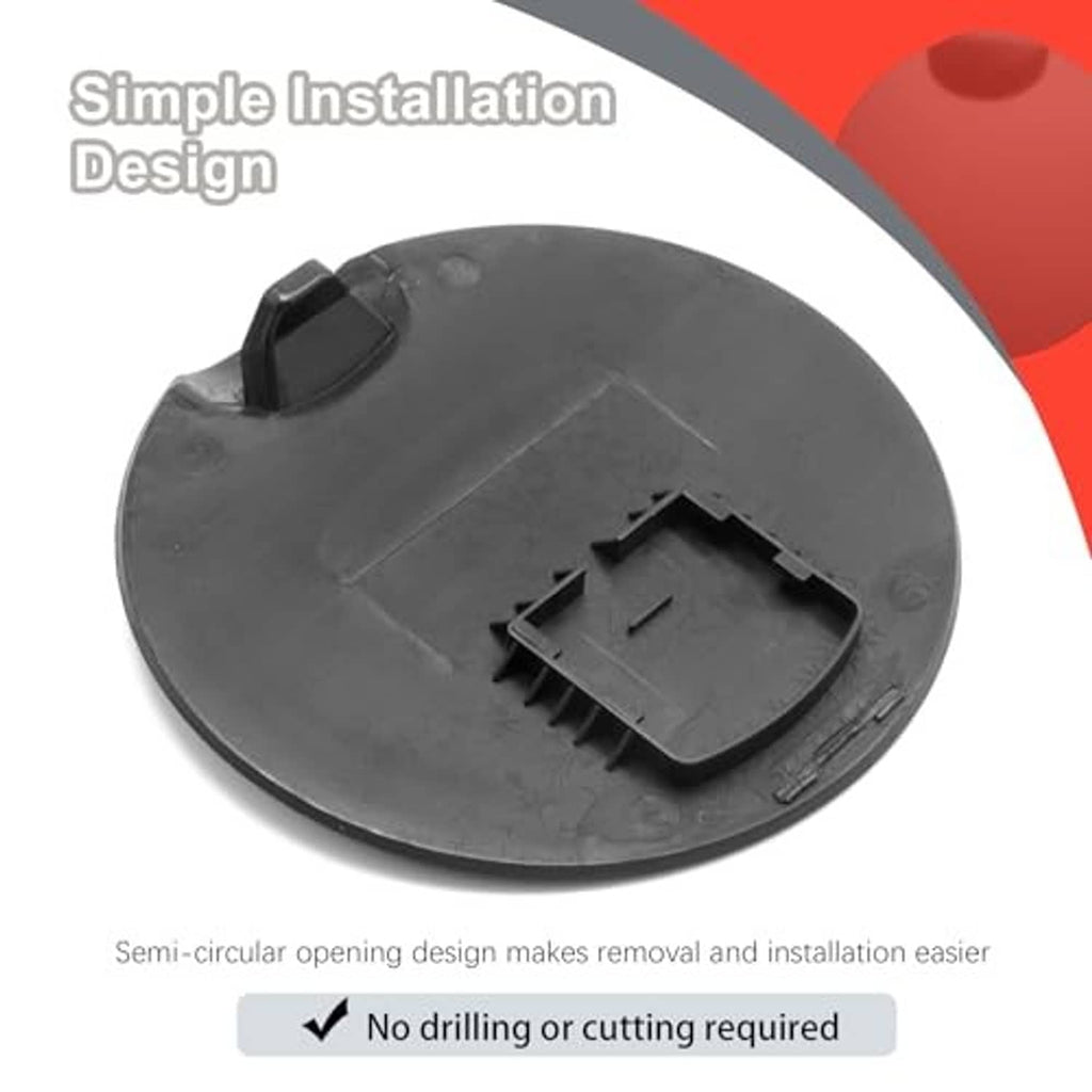 Fuel tank door filler cover, round dark gray cap with raised top knob