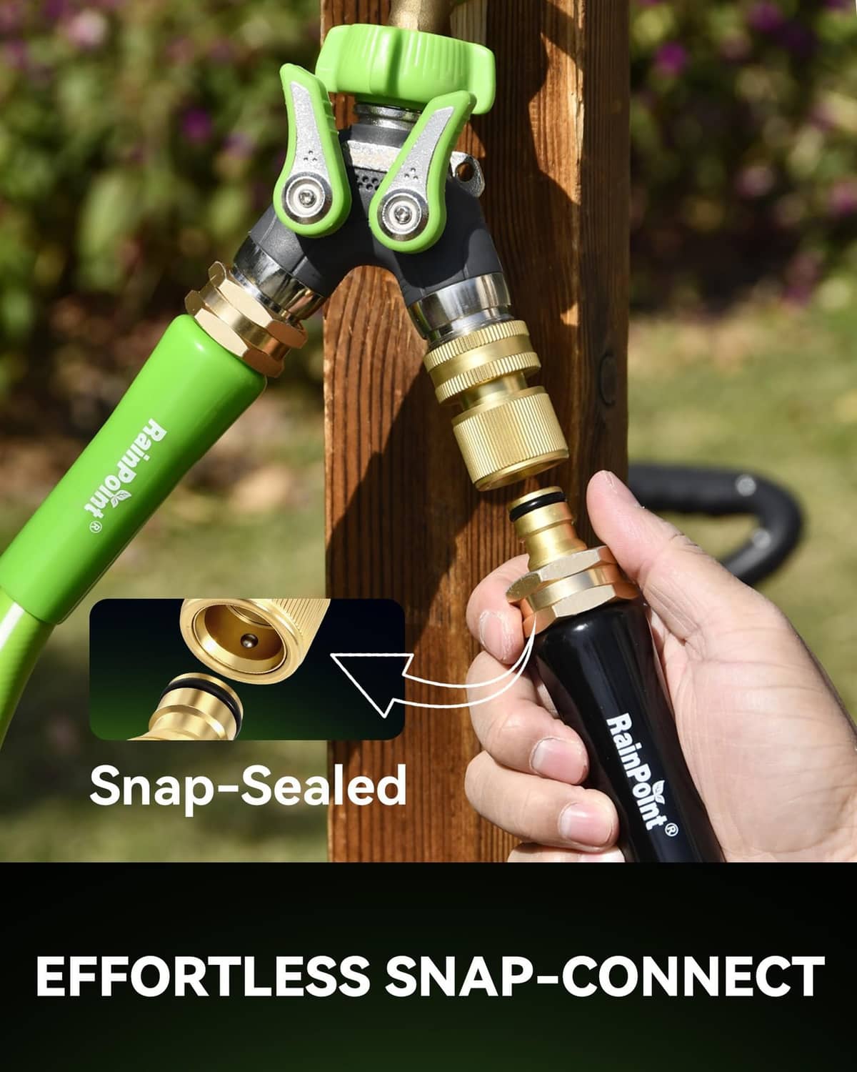 Snap-sealed quick-connect hose fitting: brass coupler on green hose with black handle