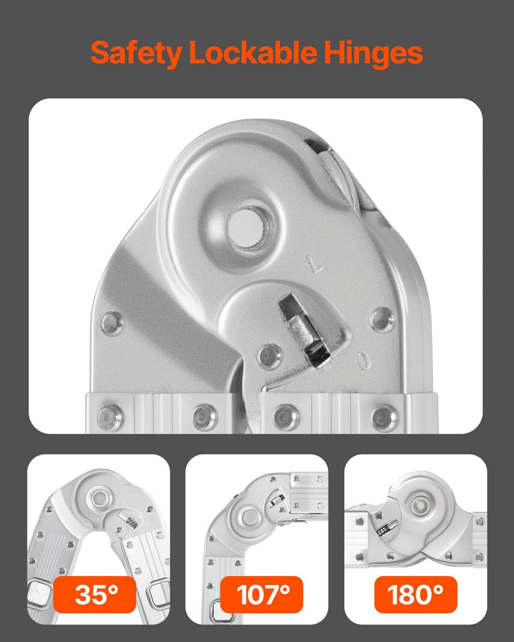 Folding ladder hinge detail with lock mechanism and adjustable connection points