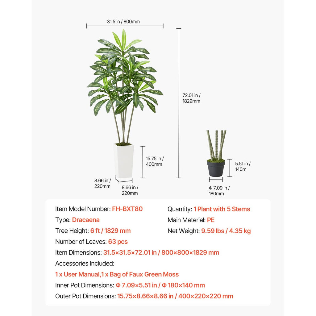 Faux dracaena tree dimensions on white background: green leaves in white pot