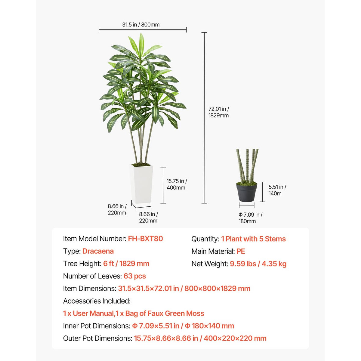 Faux dracaena tree dimensions on white background: green leaves in white pot