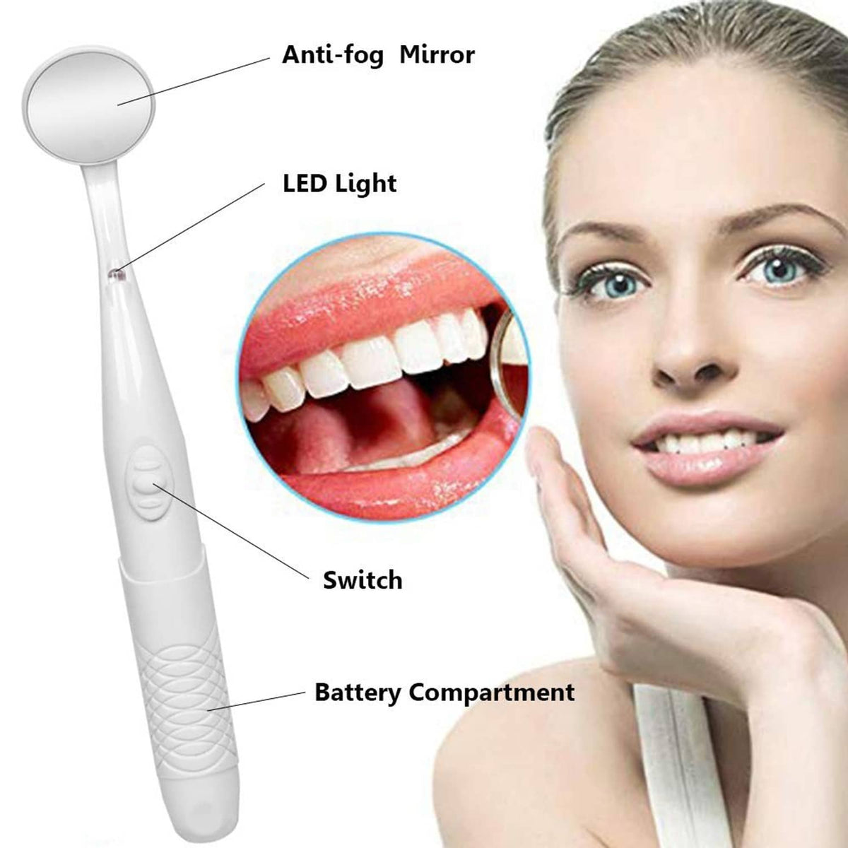 Handheld dental mirror with LED light, anti-fog round mirror, switch on white handle
