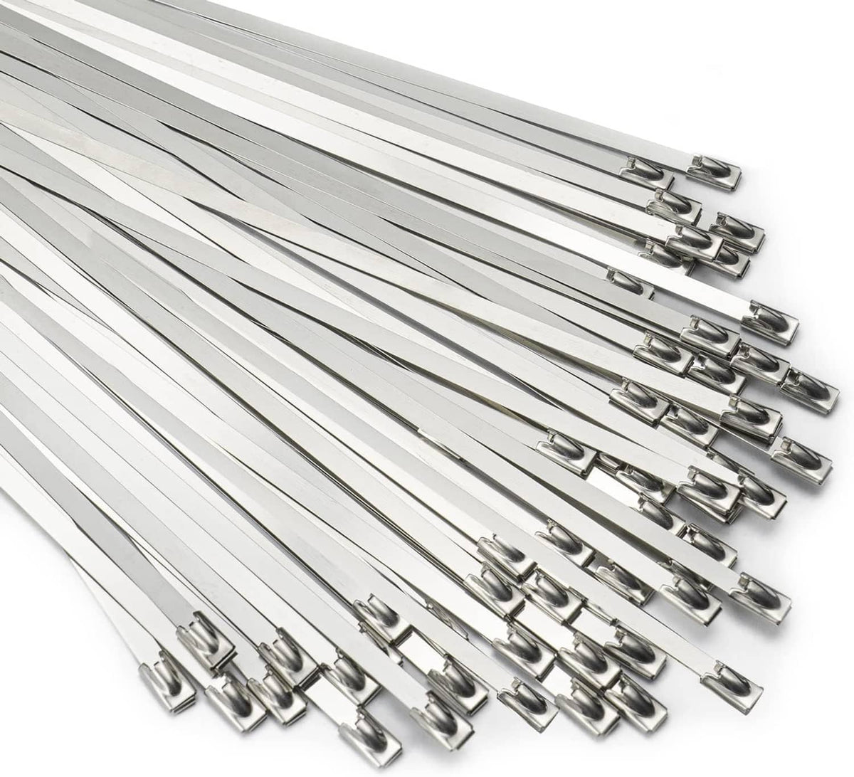 Metal zip ties with stainless steel straps and metal locking buckles, bundled view