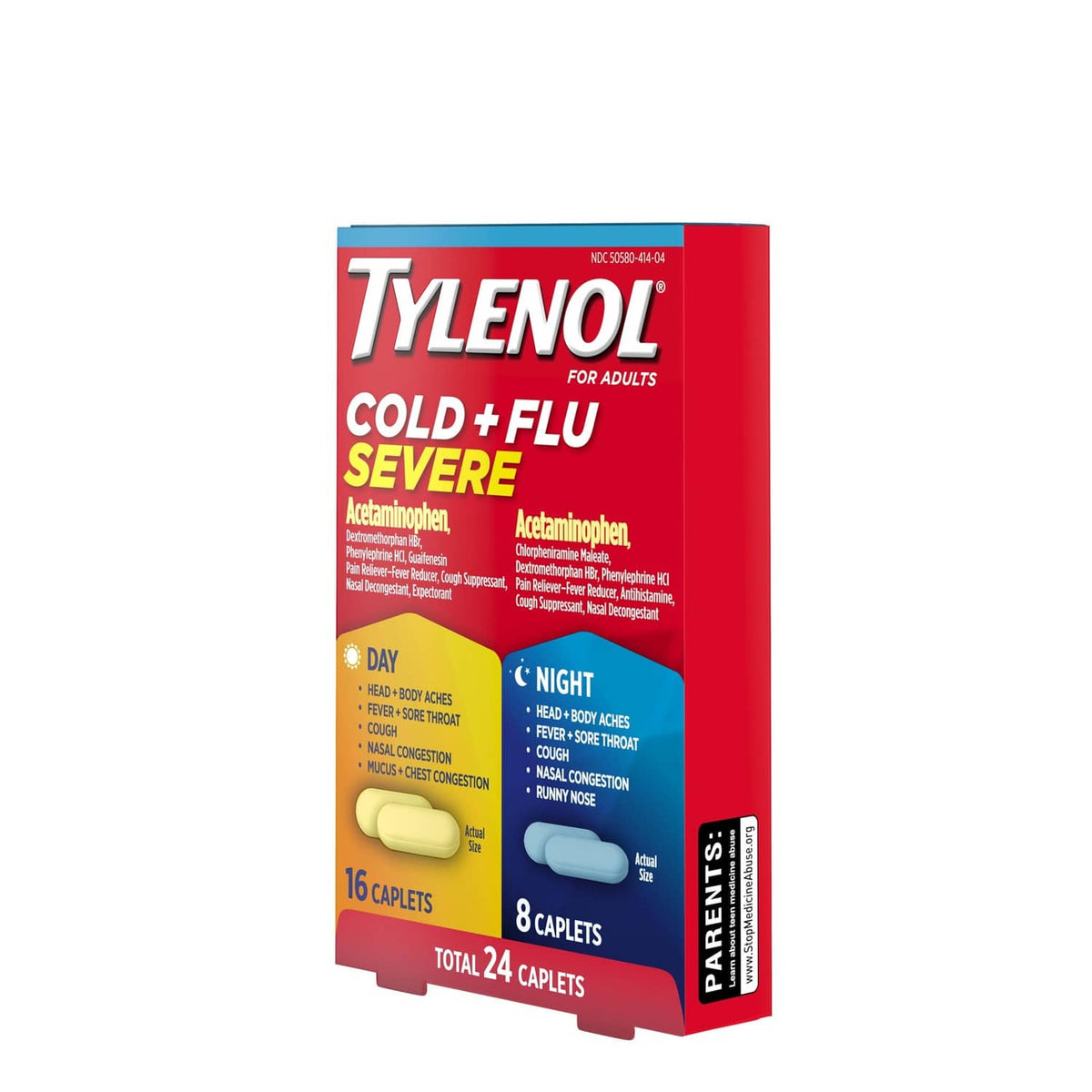 Tylenol Cold + Flu Severe caplets box side view with day and night caplet counts.