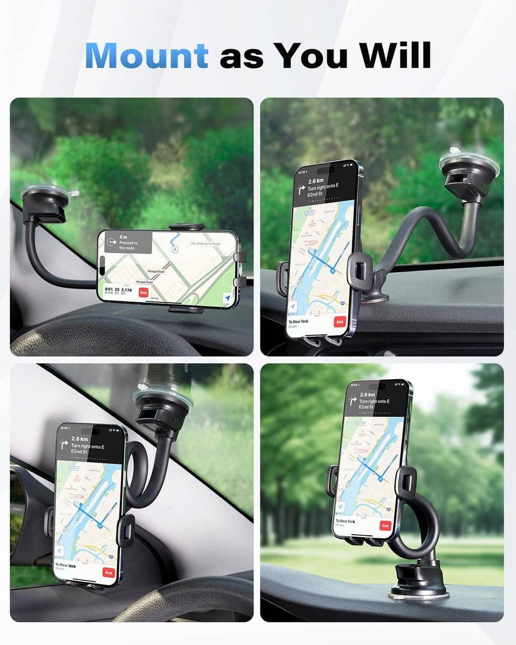 Black phone mount with suction base and flexible arm, shown from multiple angles
