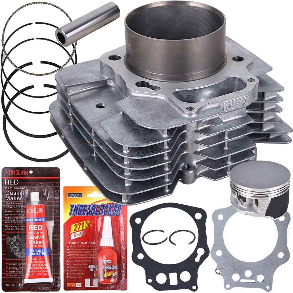 Metal engine cylinder block with piston and rings, plus top gasket set