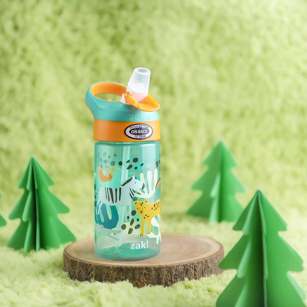 Kids teal dinosaur safari water bottle with orange flip spout lid and straw